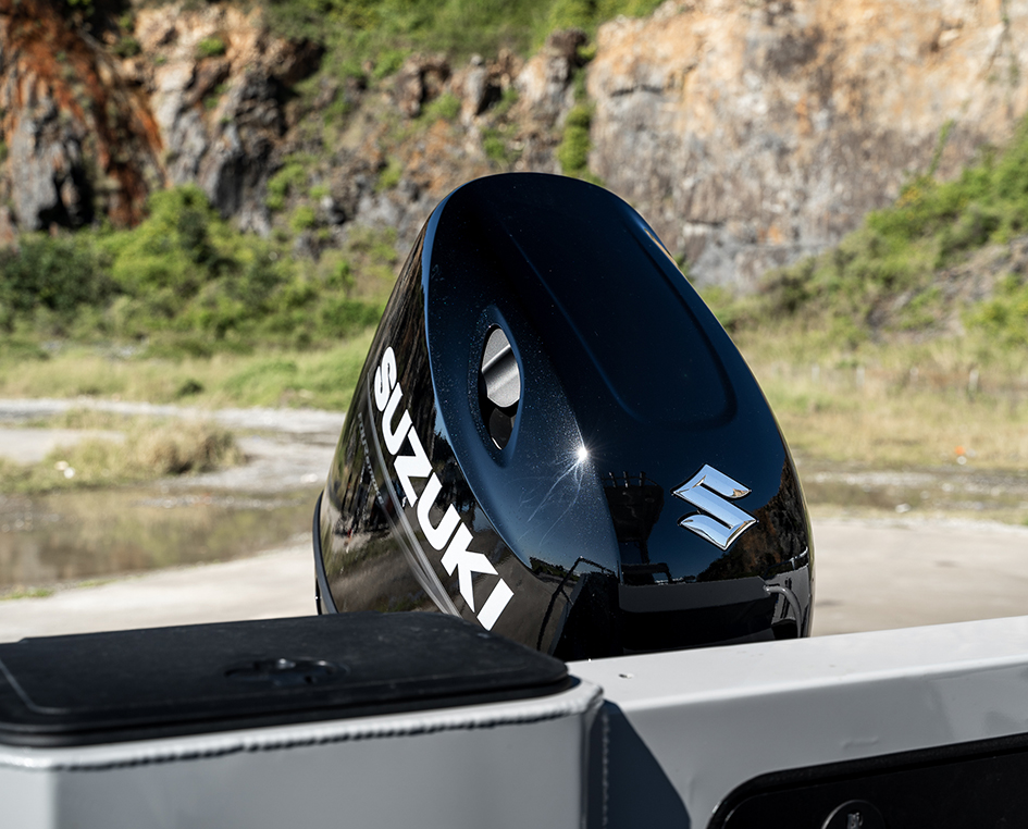 black DF140B outboard anchored on a boat
