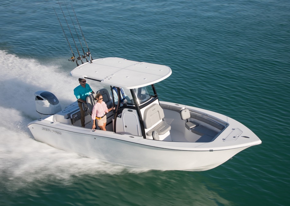 300 horsepower with a dual propeller in a small white boat